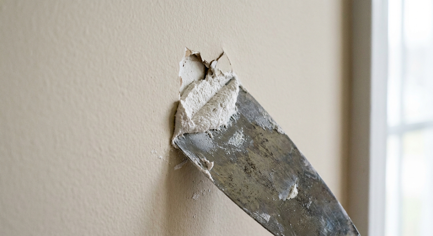 A close-up photo of a metal putty knife spreading lightweight spackle over a small paint-tear spot on a light-colored interior wall