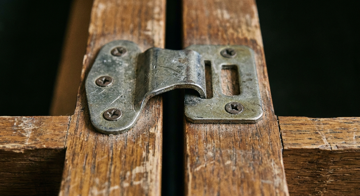 A close-up photo of a metal sectional sofa connector clip mounted on a wooden frame, showing the hook and slot hardware at the edge