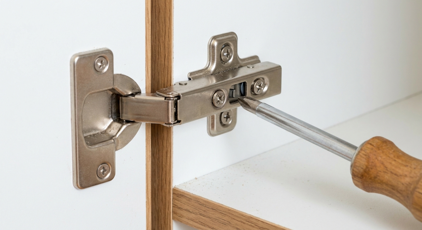 A close-up photo of a modern European-style soft-close cabinet hinge mounted inside a white kitchen cabinet, with a screwdriver positioned near the adjustment screws