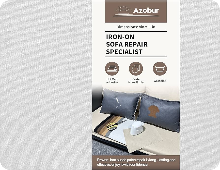 A close-up photo of a neutral fabric sofa arm with a small rounded self-adhesive patch pressed smoothly over a minor tear