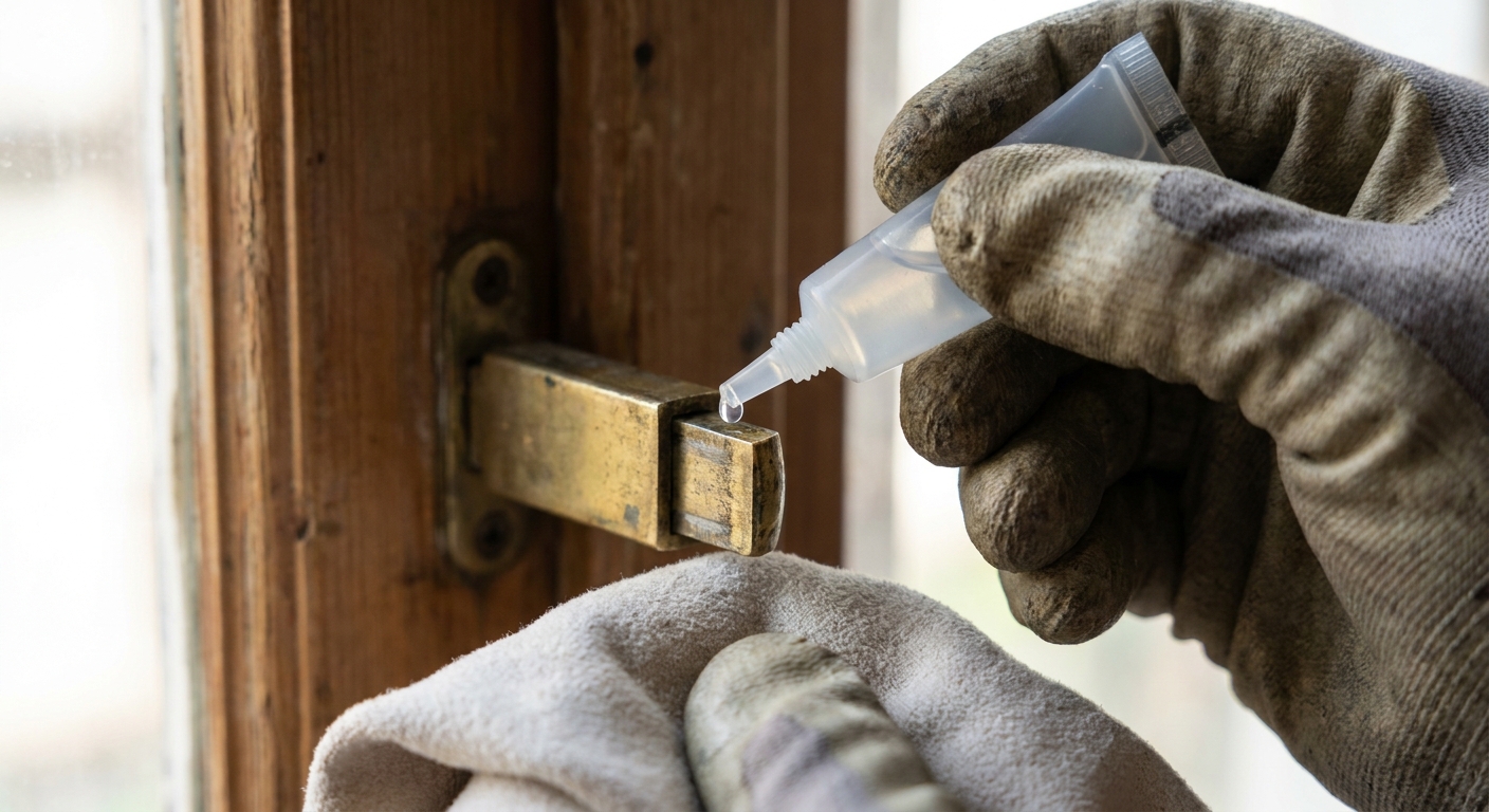 A close-up photo of a person applying a small amount of silicone lubricant to a brass door latch bolt with a cloth ready to wipe excess