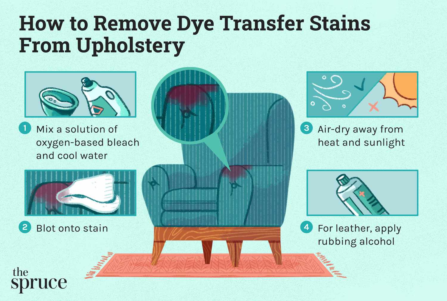 A close-up photo of a person blotting a small hair dye spot on a gray upholstered chair using a white cloth with rubbing alcohol, careful dabbing motion