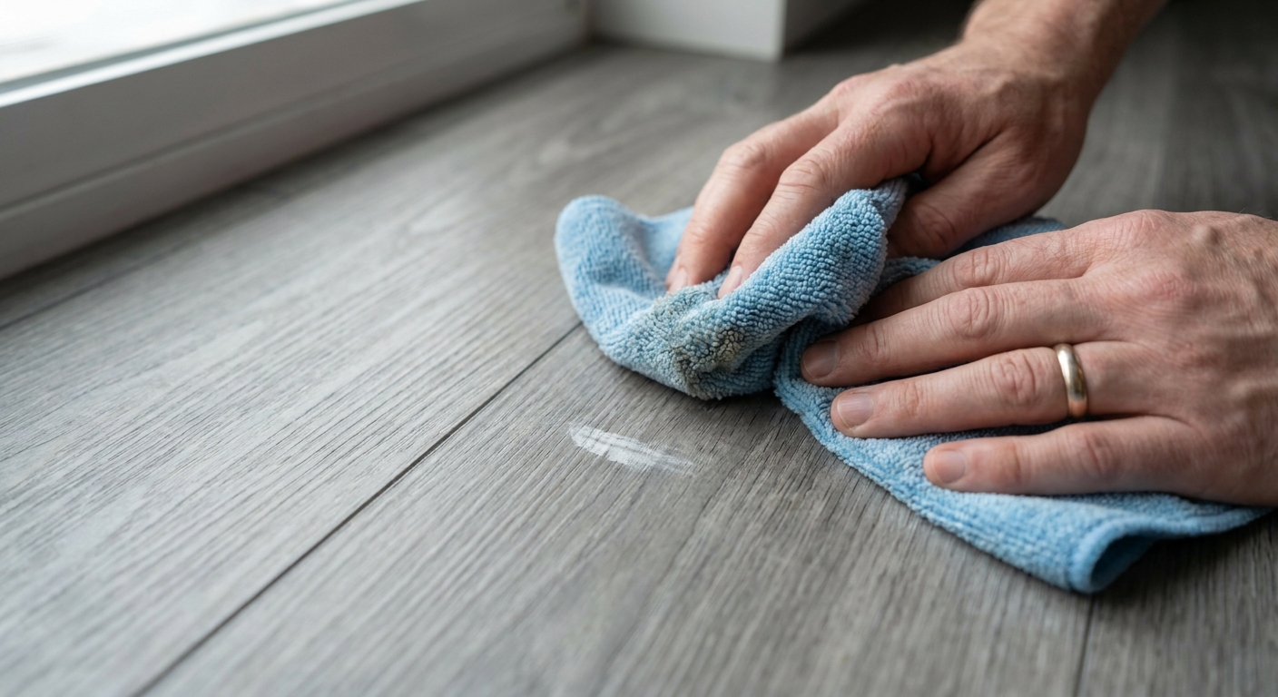 A close-up photo of a person gently buffing a small scuff on a gray wood-look vinyl plank floor using a soft microfiber cloth