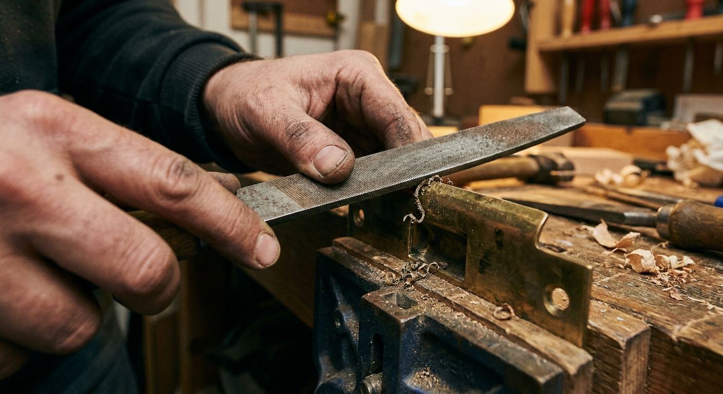A close-up photo of a person holding a metal hand file against a brass-colored door strike plate on a work surface, indoor lighting