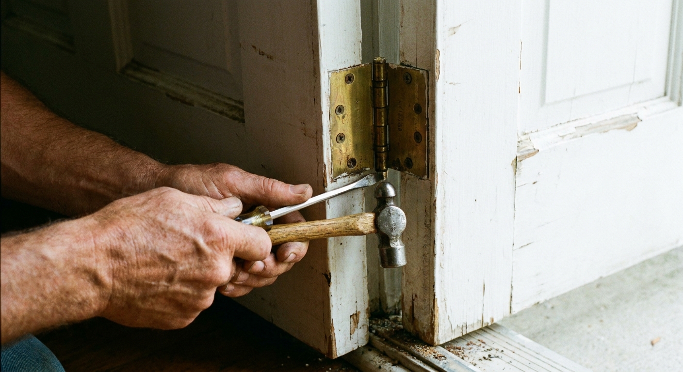 A close-up photo of a person tapping the bottom of an interior door hinge pin upward using a screwdriver and small hammer, with the door slightly open