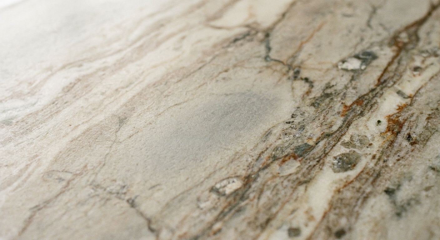 A close-up photo of a quartzite countertop surface in soft window light, with natural veining and a subtle dull patch visible when viewed at an angle