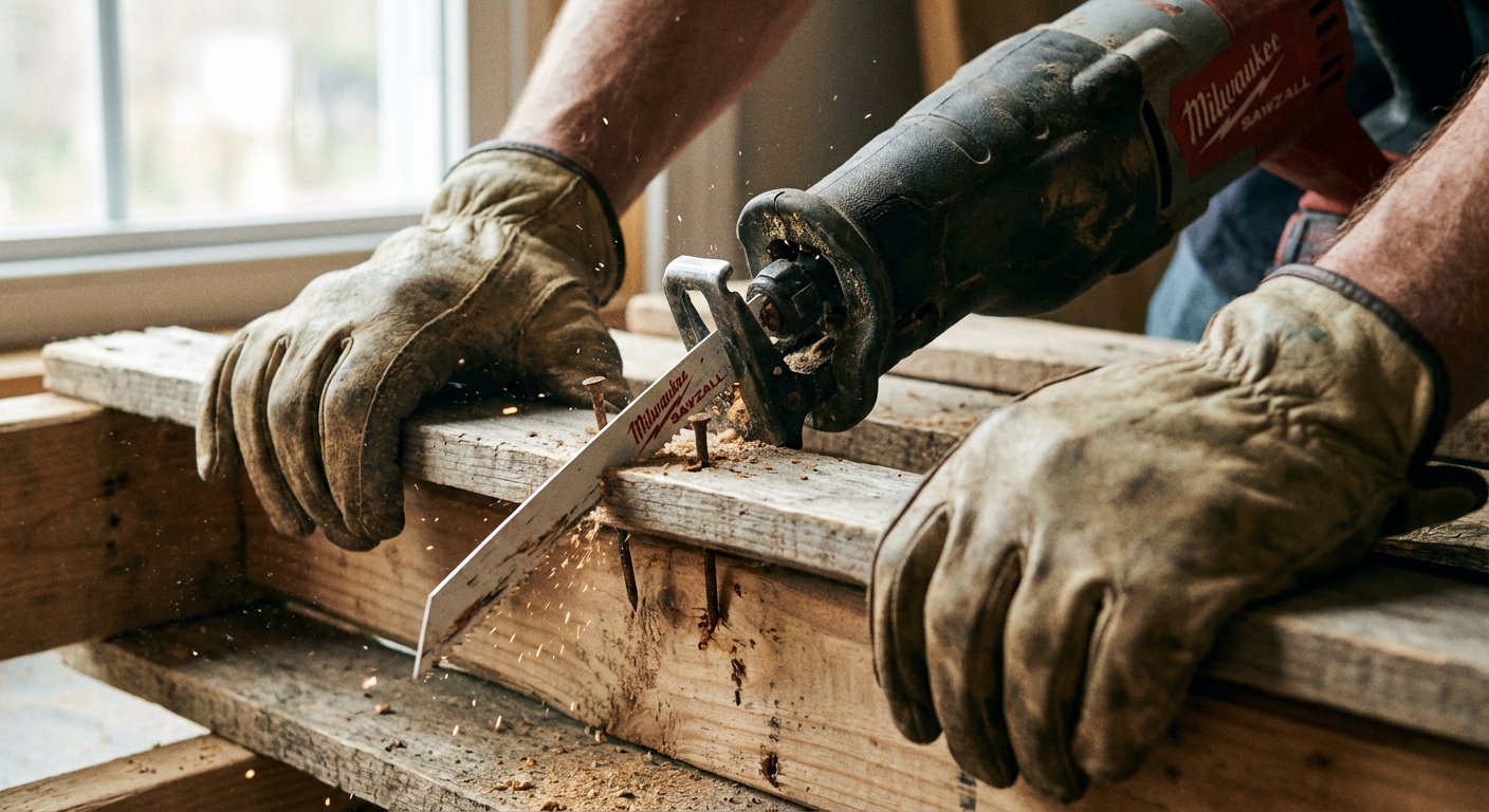 A close-up photo of a reciprocating saw cutting through pallet nails between a deck board and a stringer, with gloved hands holding the pallet steady