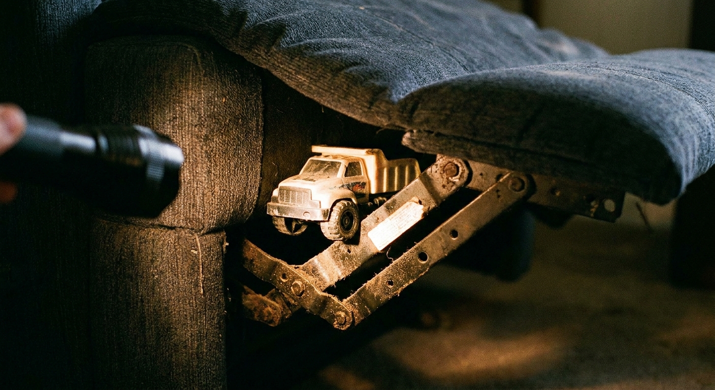 A close-up photo of a recliner footrest partially open with a small toy lodged near the metal linkage underneath, photographed with a flashlight glow