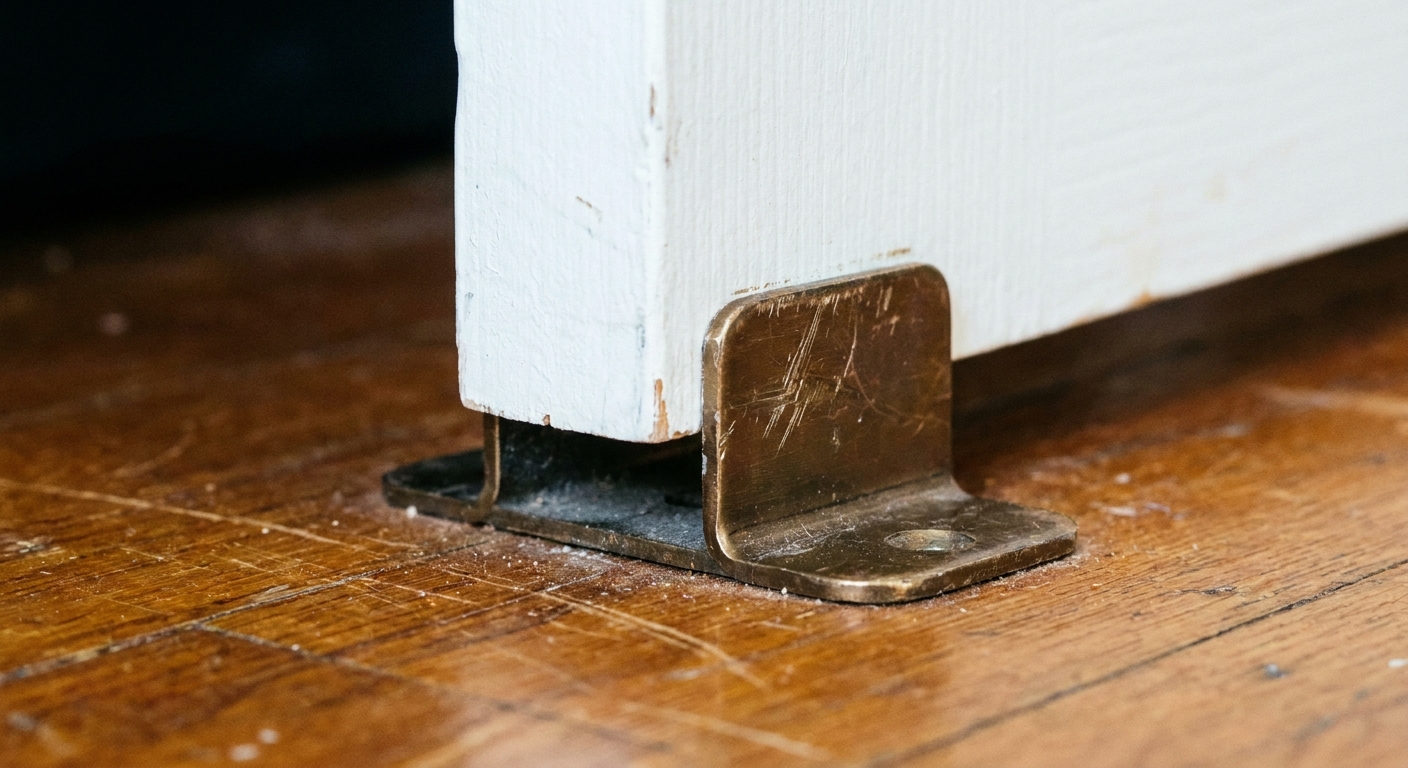A close-up photo of a sliding closet door bottom guide bracket on a hardwood floor, showing the guide straddling the door edge