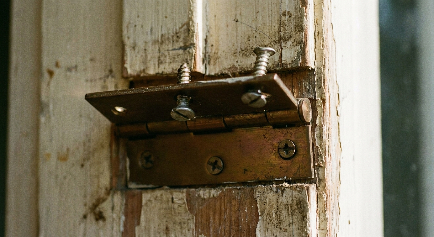 A close-up photo of a slightly gapped door hinge on a wood door jamb, showing screws that appear backed out