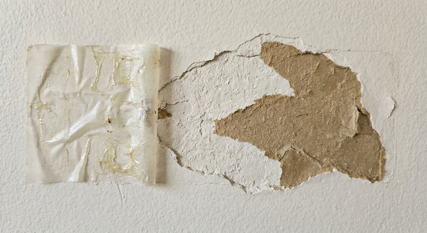 A close-up photo of a small patch of torn interior wall paint with a bit of brown paper facing exposed, next to a removed adhesive strip on a painted drywall surface