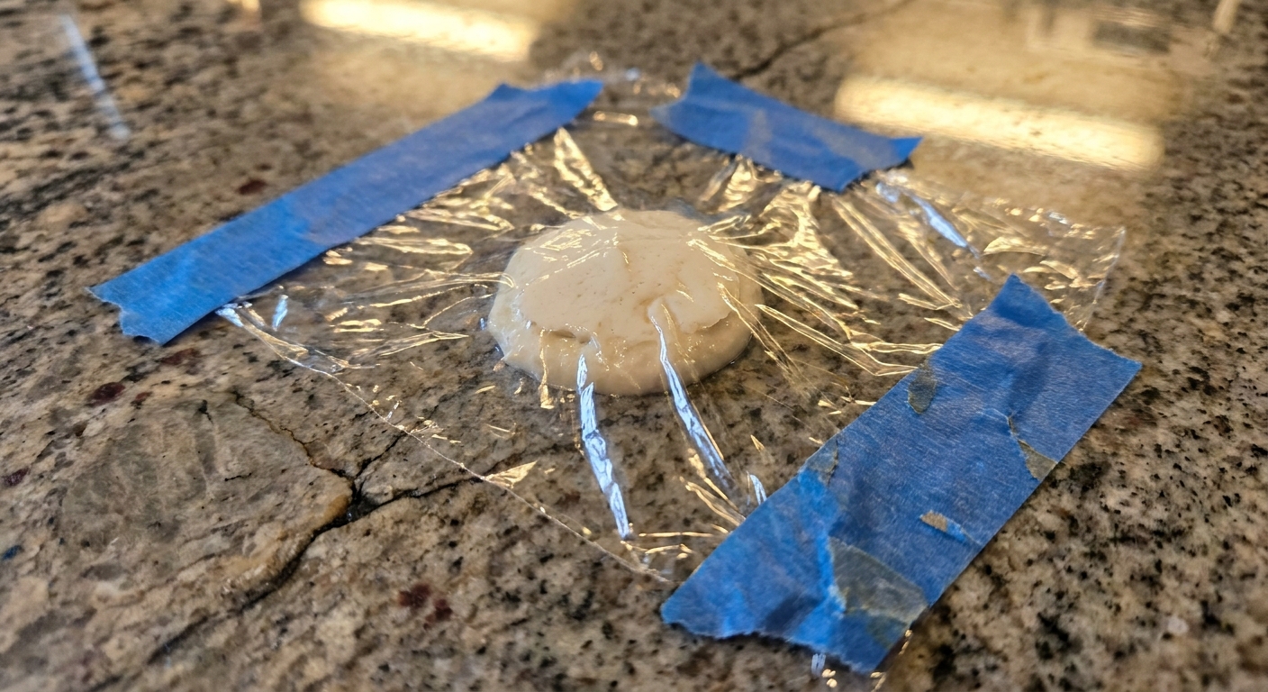 A close-up photo of a small poultice paste applied on a granite countertop and covered with clear plastic wrap taped around the edges, kitchen lighting