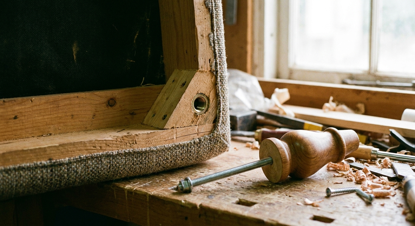 A close-up photo of a sofa corner flipped on its side, showing the threaded insert in the frame and a replacement wooden leg with a metal hanger bolt beside it on a work surface