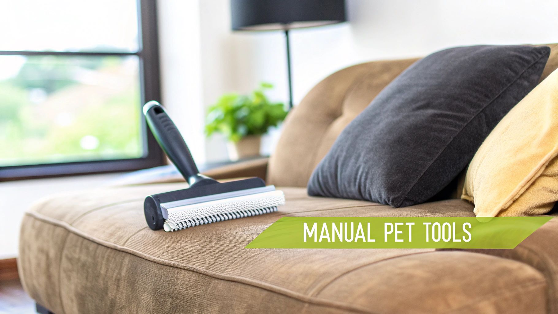 A close-up photo of a soft upholstery brush being gently used on a velvet sofa cushion, showing the nap catching the light