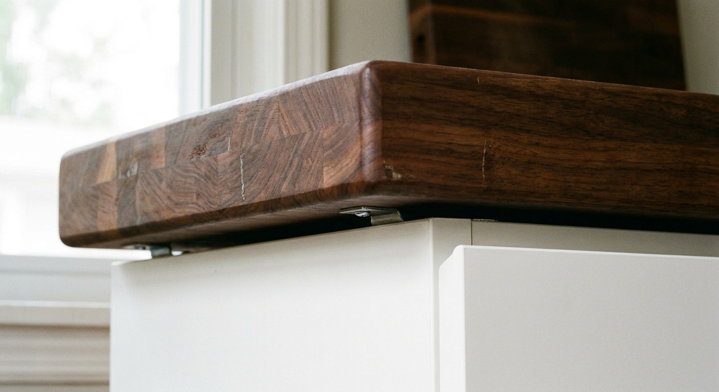 A close-up photo of a stained wood butcher block top secured onto IKEA NORDLI drawer units, showing the grain and a clean finished edge