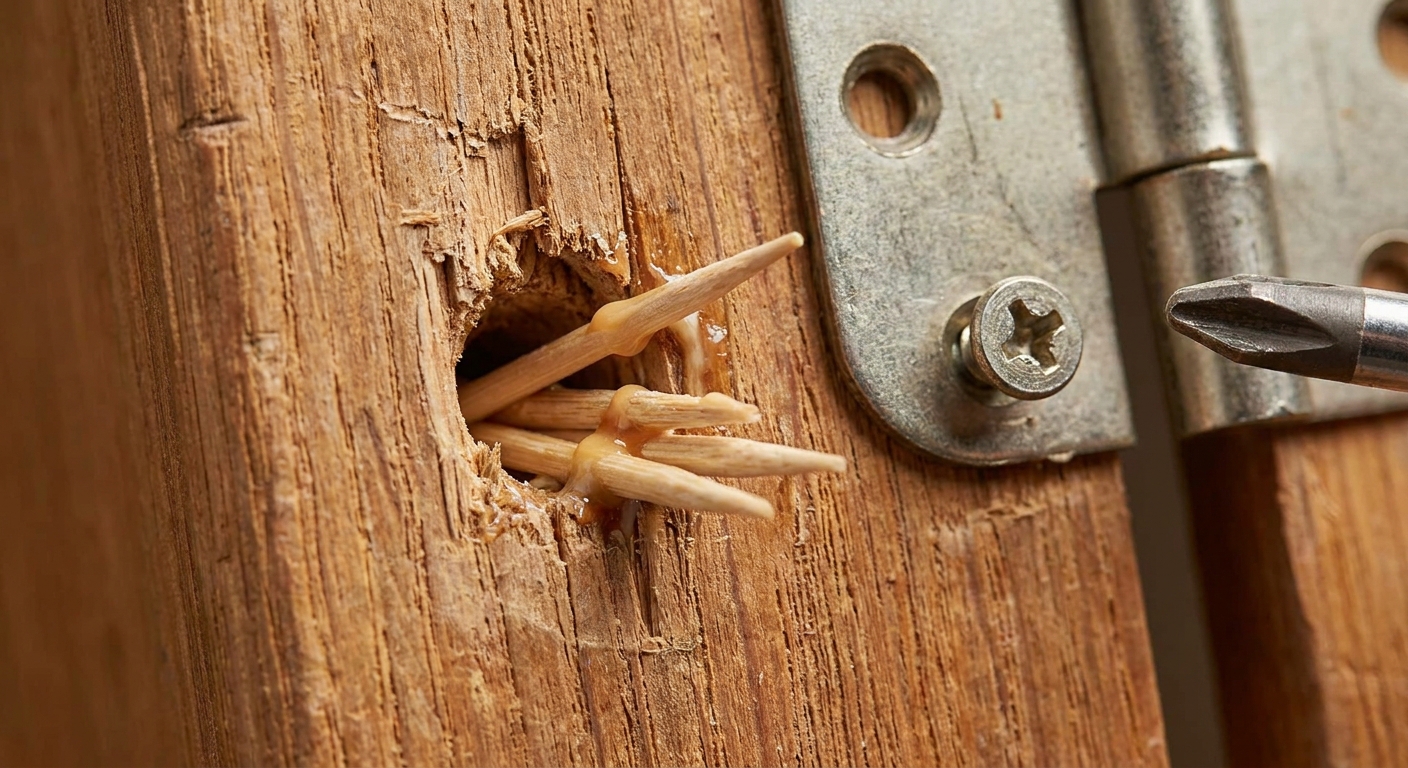 A close-up photo of a stripped screw hole in a wooden door with toothpicks inserted before reinstalling a door hardware screw