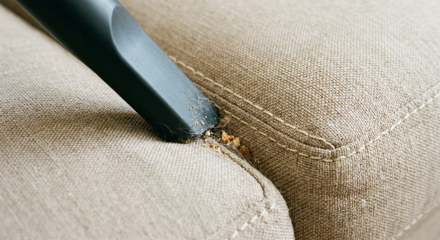 A close-up photo of a vacuum crevice tool cleaning along the seam of a beige sofa cushion with visible stitching