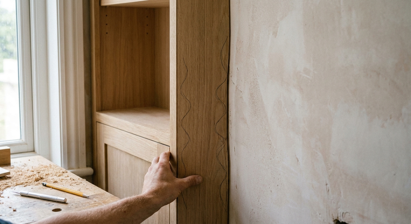 A close-up photo of a vertical filler panel being fitted between a cabinet and a slightly uneven wall, showing pencil scribe lines and a snug finished edge