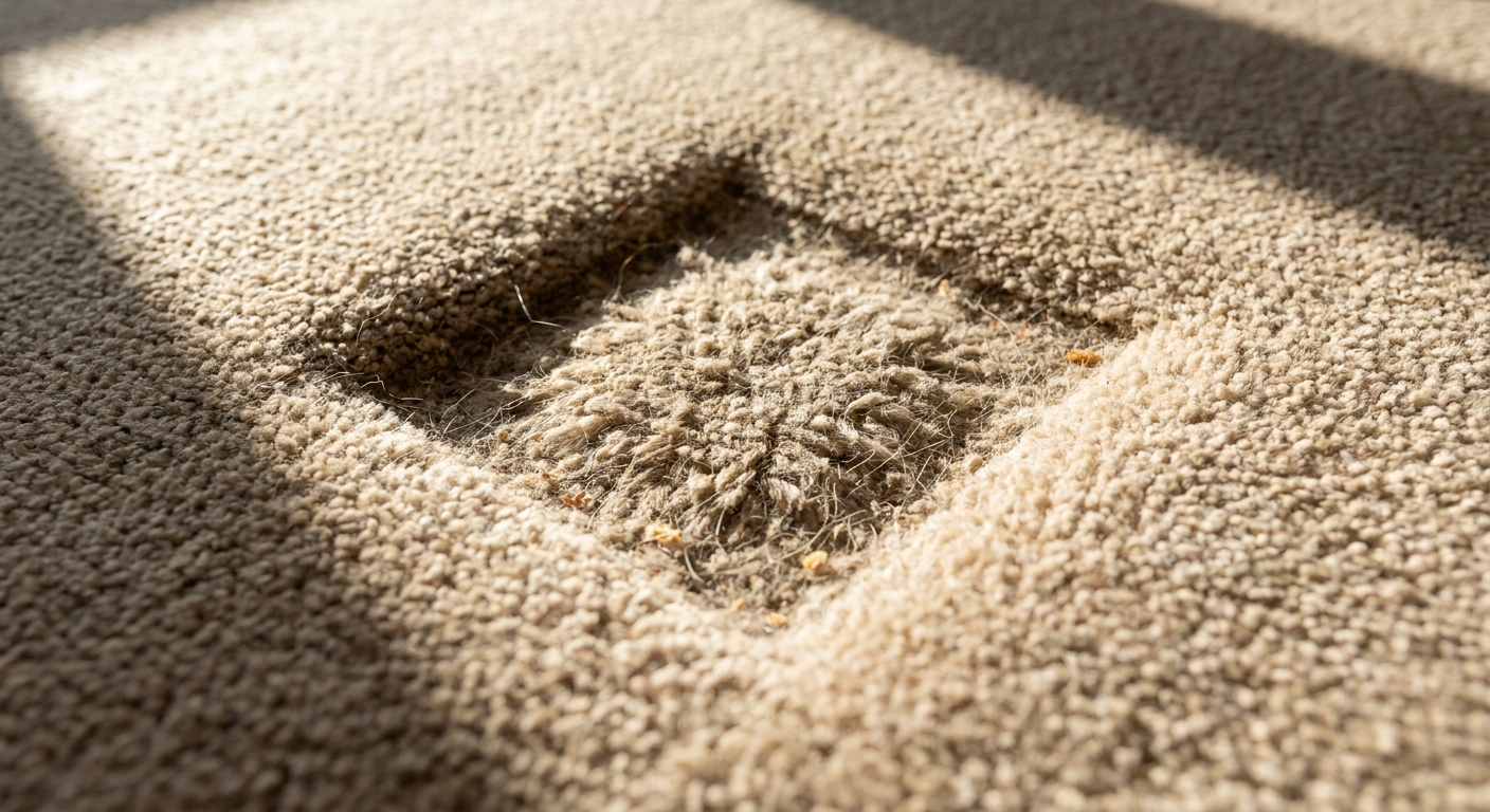 A close-up photo of a wall-to-wall beige carpet with a deep square indentation where a sofa leg sat, natural window light.