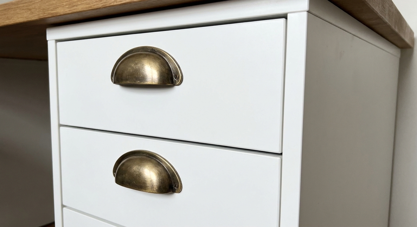 A close-up photo of a white IKEA Alex drawer unit with added aged brass pulls, showing the warm metal finish against the smooth drawer fronts