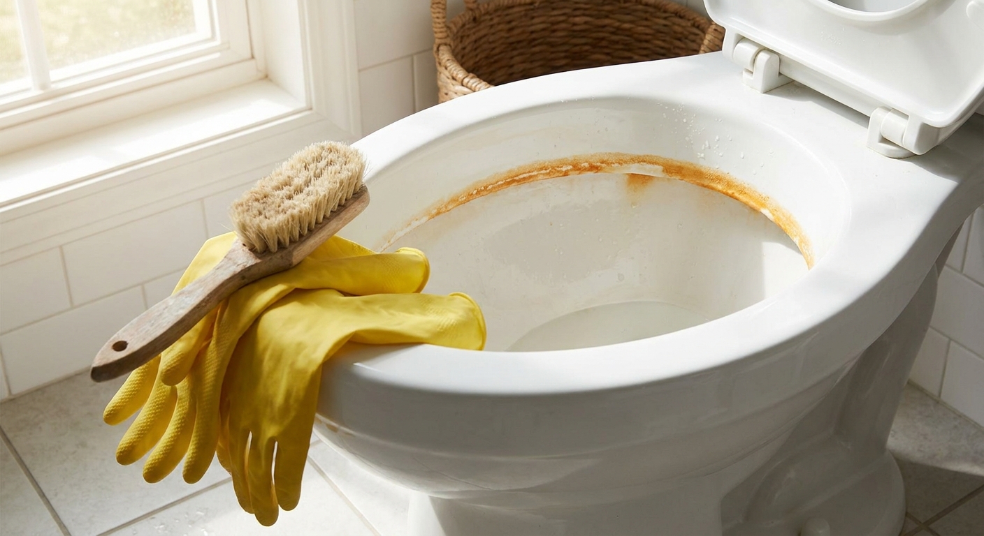 A close-up photo of a white porcelain toilet bowl with a visible hard water mineral ring near the waterline, with cleaning gloves and a soft scrub brush resting nearby in a bright bathroom