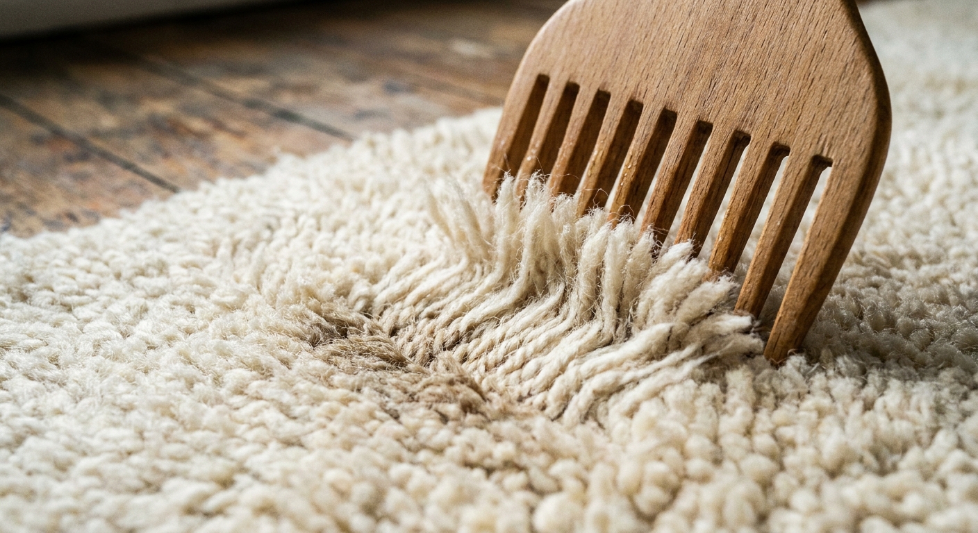 A close-up photo of a wide-tooth comb gently lifting and separating the pile of a textured area rug after spot cleaning
