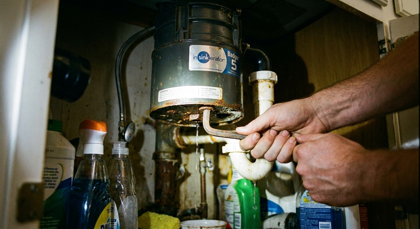 A close-up photo of an Allen wrench inserted into the bottom of a garbage disposal under a sink cabinet, hands turning the tool to free a jam