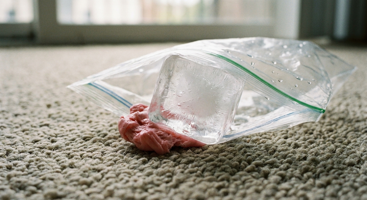 A close-up photo of an ice cube in a plastic bag resting on a small wad of chewing gum stuck to a low-pile area rug, with soft window light