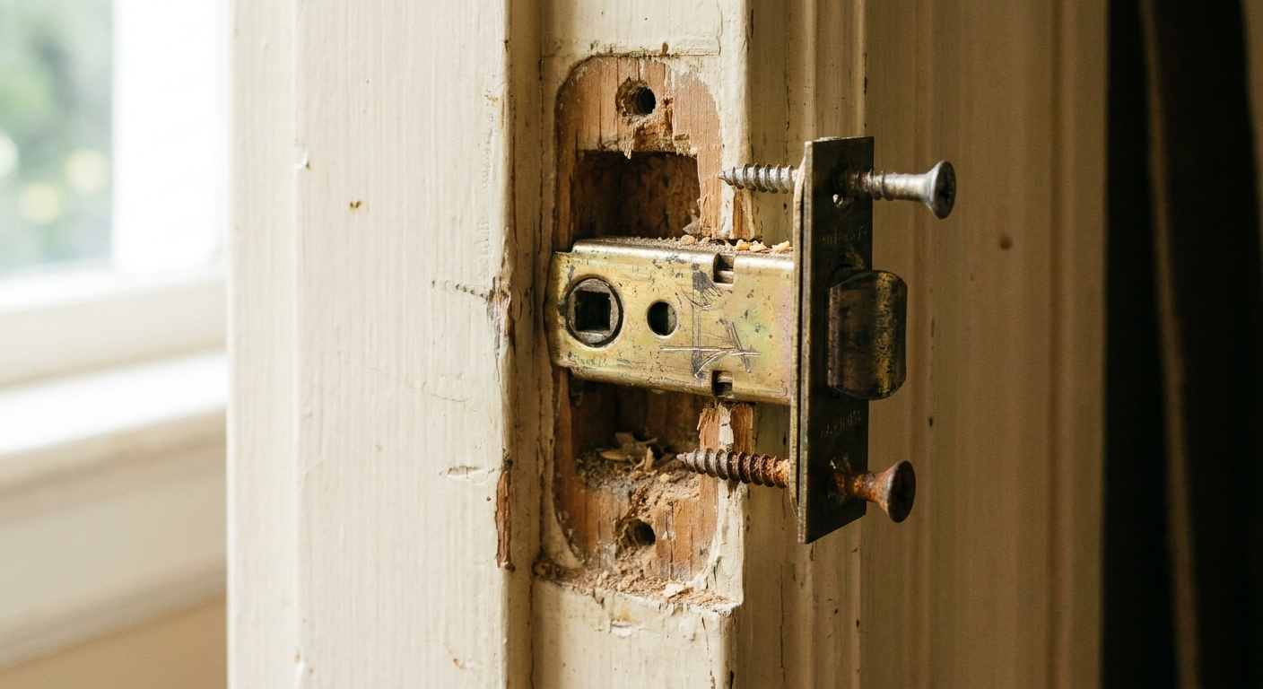 A close-up photo of an interior door edge showing a latch mechanism partially removed from the mortise, revealing worn metal and screws