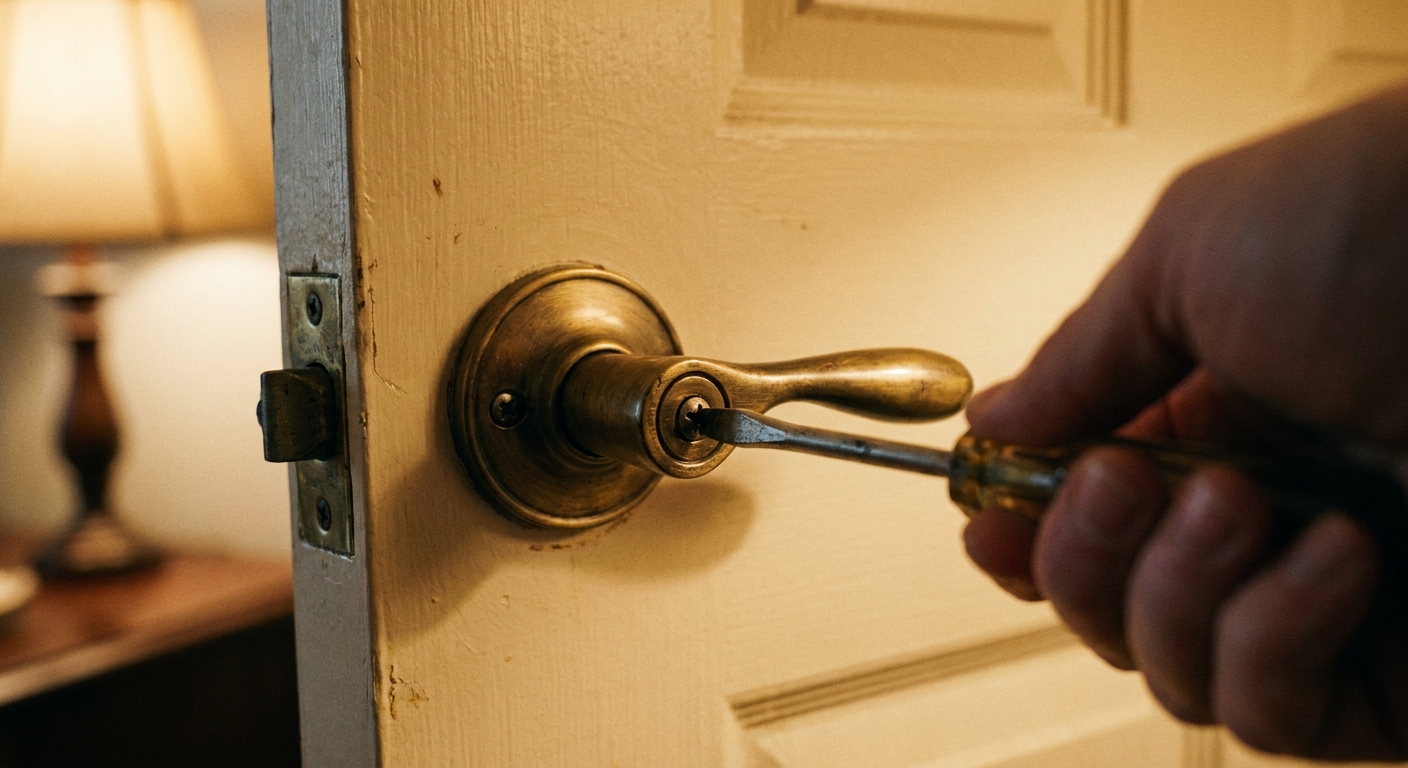 A close-up photo of an interior door lever handle with a screwdriver tightening the mounting screws near the round rosette, warm indoor lighting