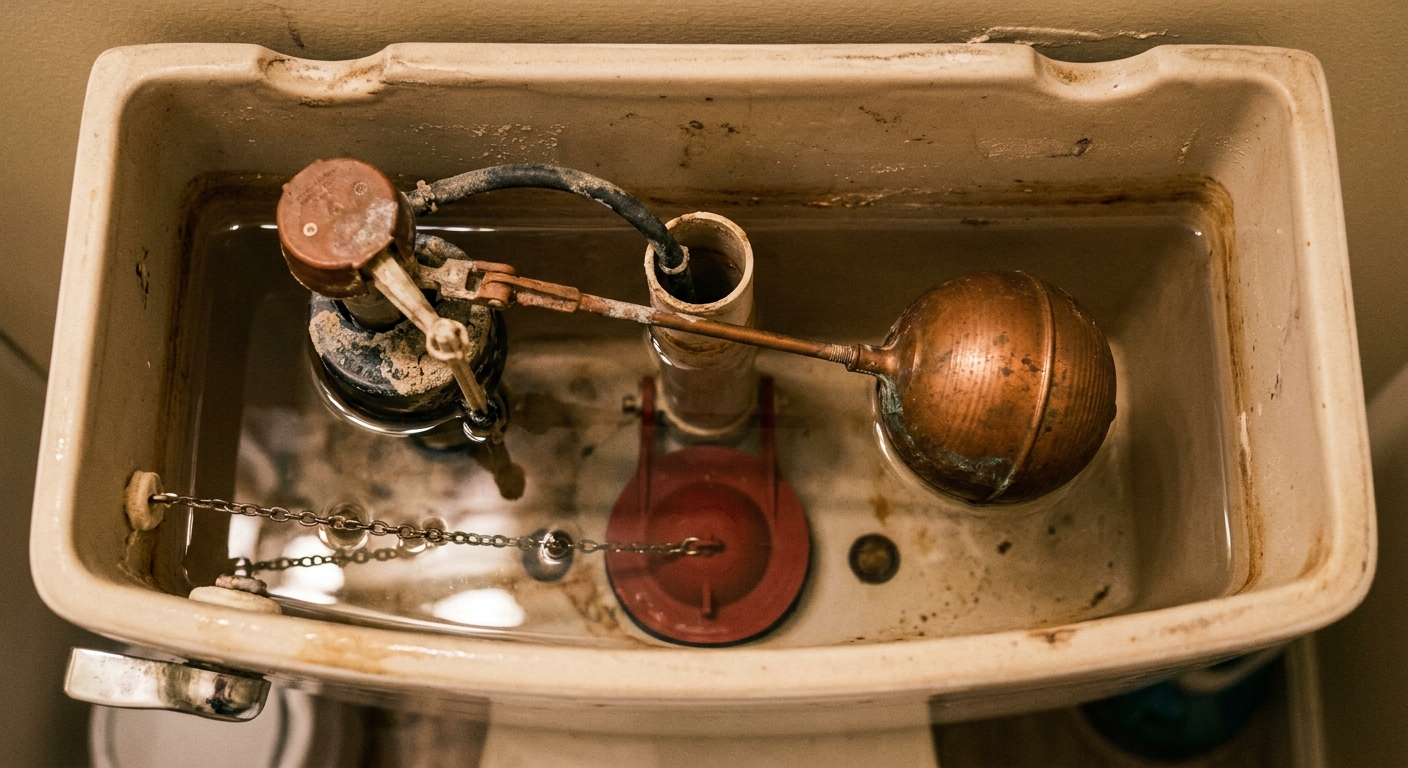 A close-up photo of an open toilet tank showing the flapper, chain, float, and fill valve with water at a normal level, realistic bathroom lighting