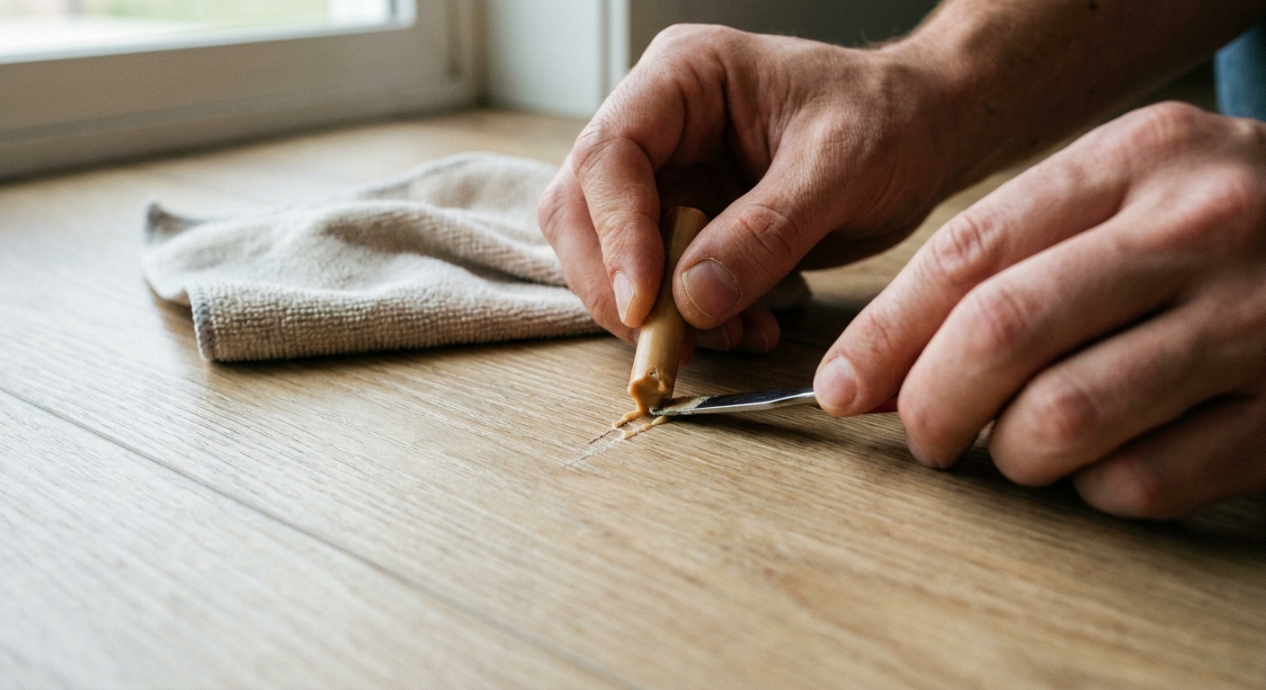 A close-up photo of hands filling a small scratch on a light oak-look luxury vinyl plank floor using a color-matched wax repair stick, with a soft cloth nearby