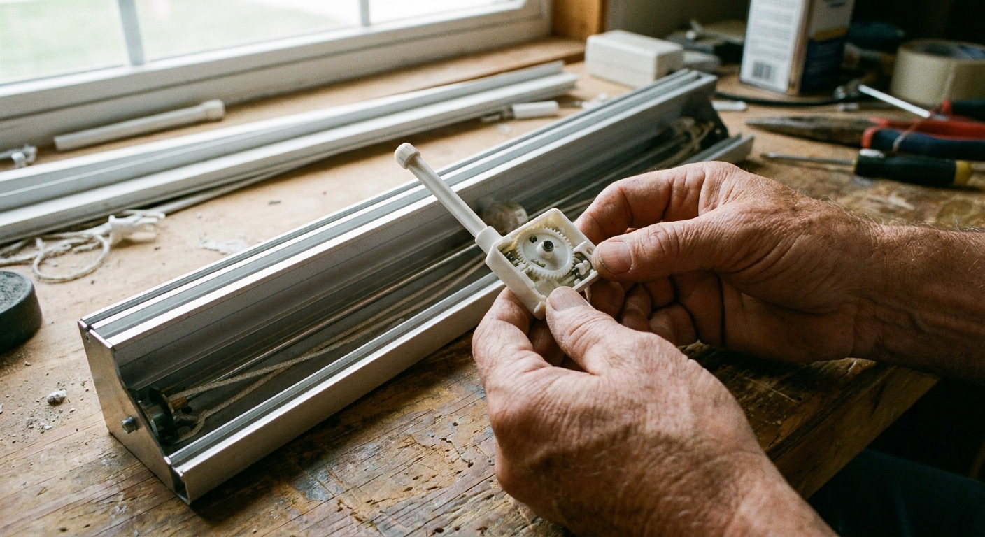 A close-up photo of hands holding a small white plastic mini blind tilter mechanism next to an open aluminum headrail on a table