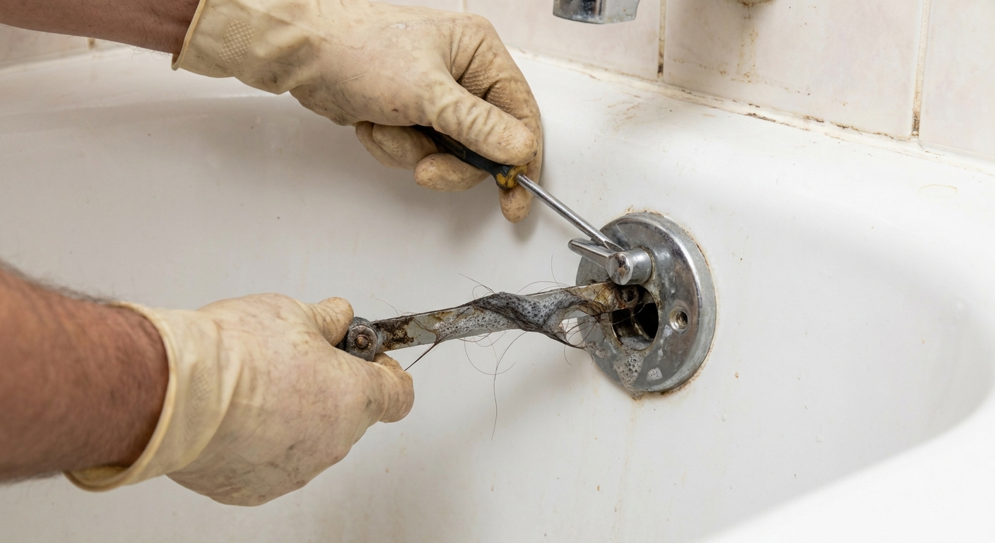 A close-up photo of hands unscrewing a bathtub overflow plate with a trip lever, pulling out the metal linkage with hair and soap residue