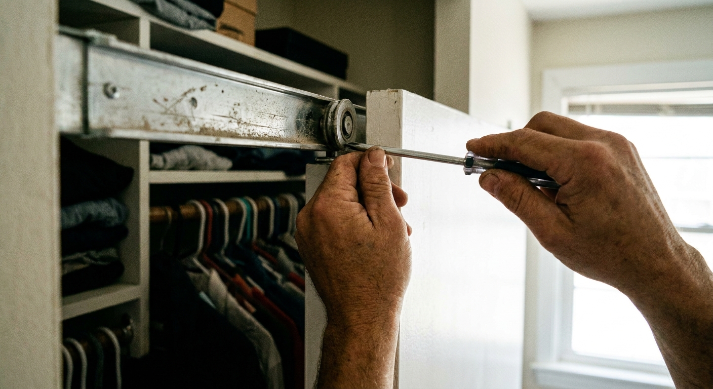 A close-up photo of hands using a screwdriver to adjust the top roller on a sliding closet door inside a small apartment closet, natural indoor light