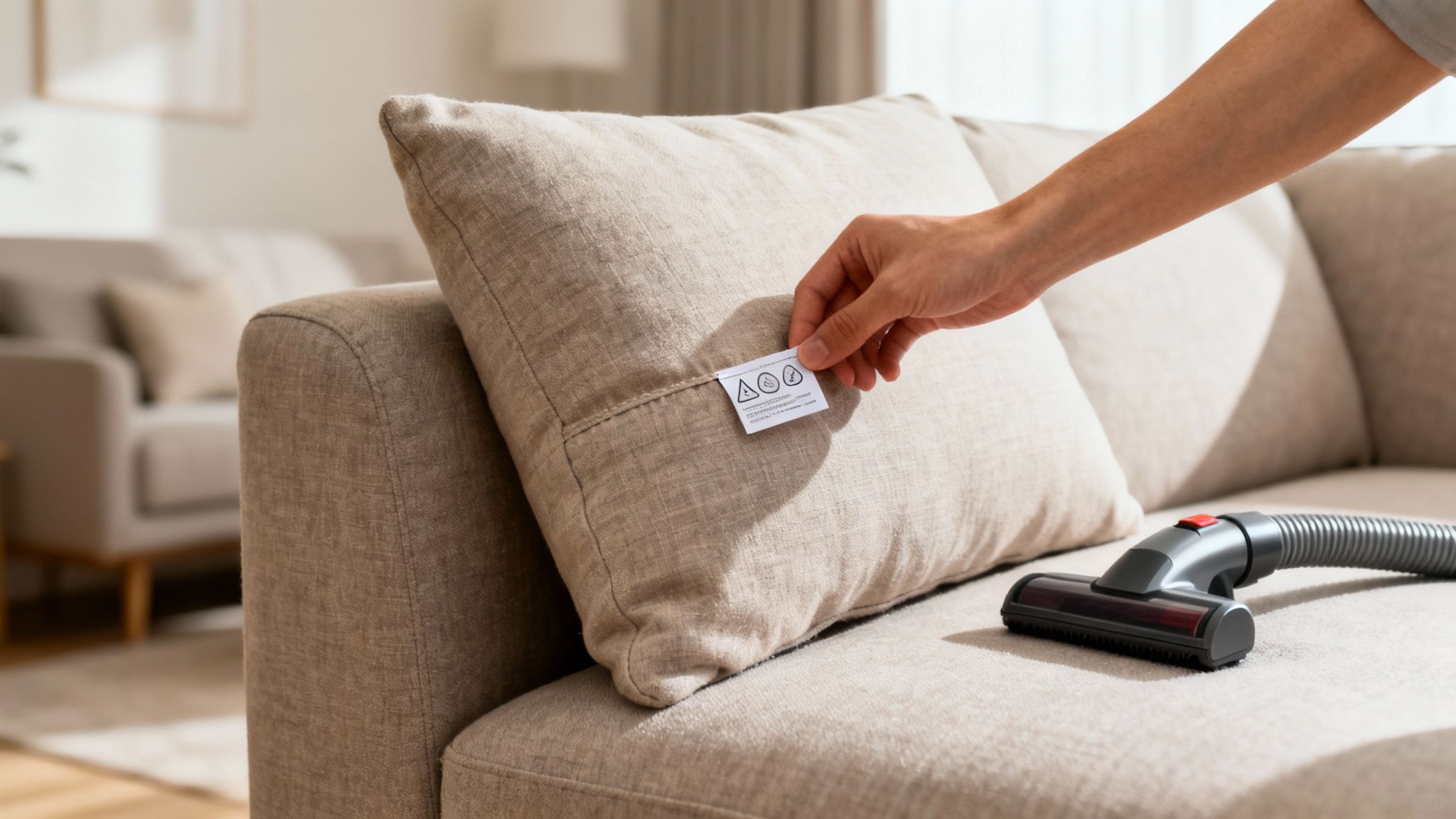 A close-up photo of hands wearing disposable gloves blotting a fresh spill on a light-colored fabric sofa cushion with white paper towels, natural window light