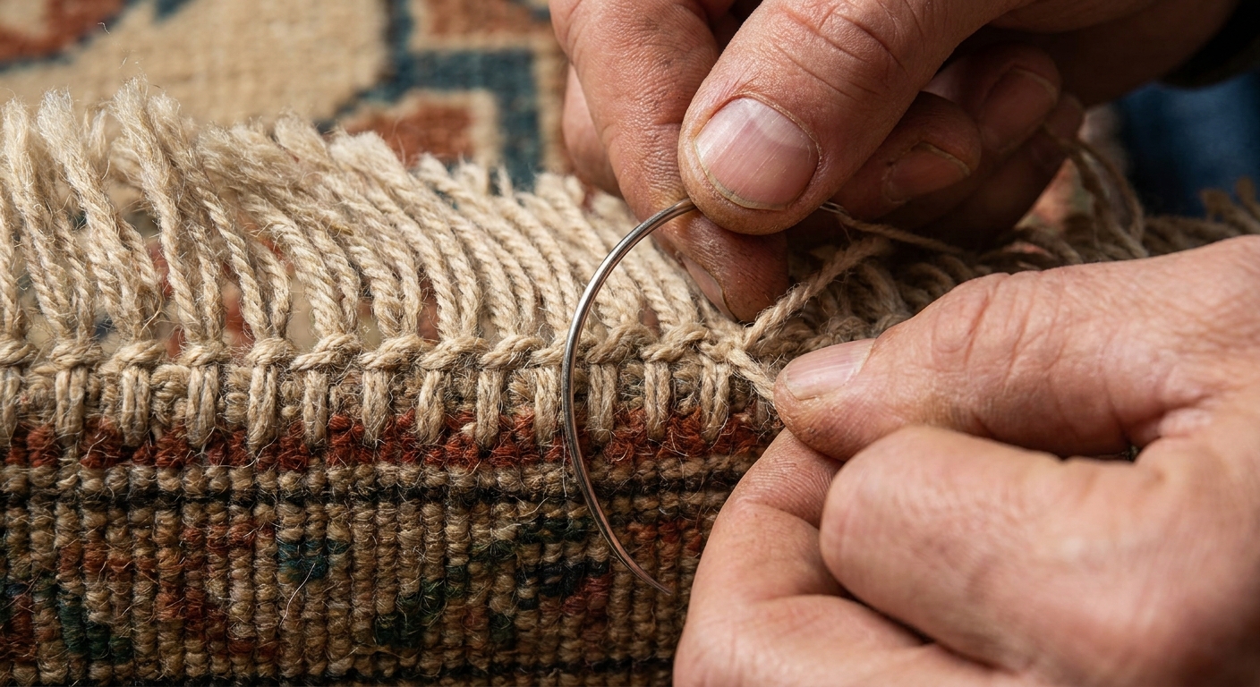 A close-up photo of someone using a curved needle and matching thread to whipstitch the base of rug fringe along the edge of a woven area rug