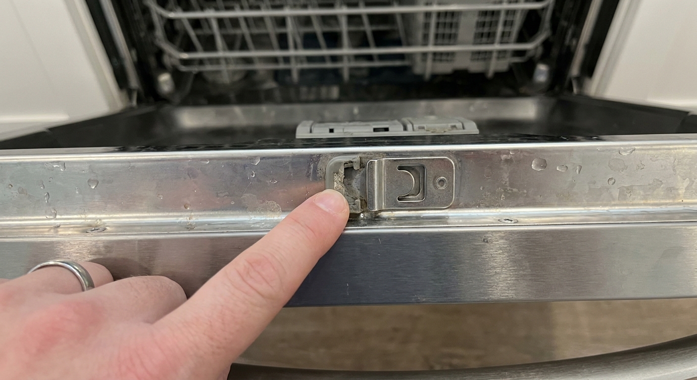 A close-up photo of the top center dishwasher tub edge showing the latch strike plate while a hand points to the alignment area