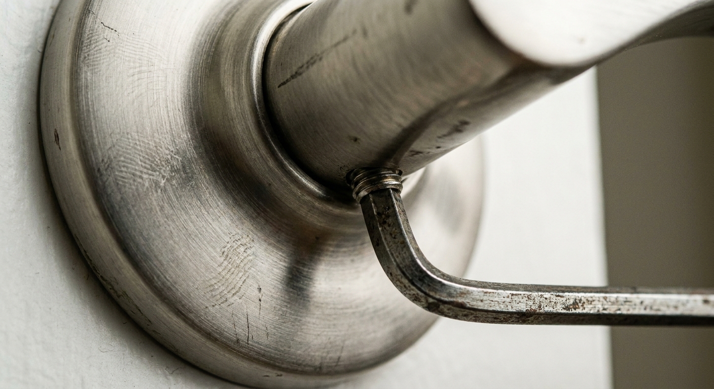 A close-up photo of the underside of a brushed nickel interior door lever showing a small set screw being tightened with a hex key