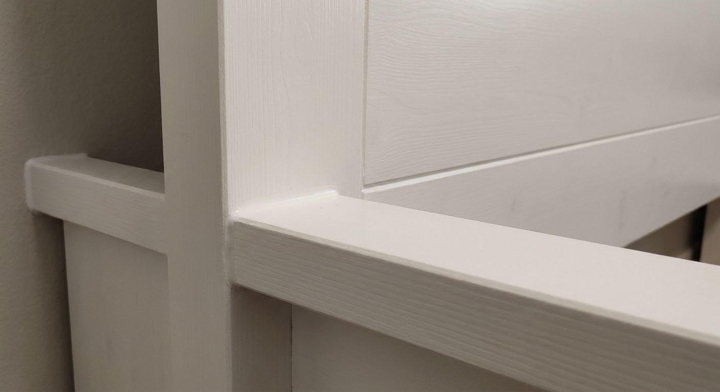 A close-up photo of trim boards around a BRIMNES bed surround, with smooth caulked seams and fresh paint for a built-in finish