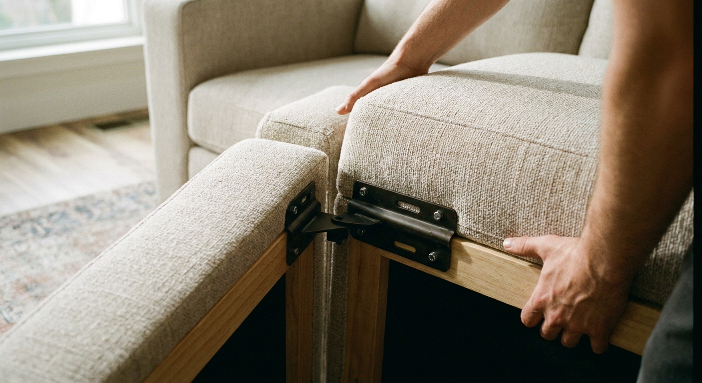 A close-up photo of two modular sectional bases being pushed together while a metal connector bracket is aligned at the seam, natural indoor lighting