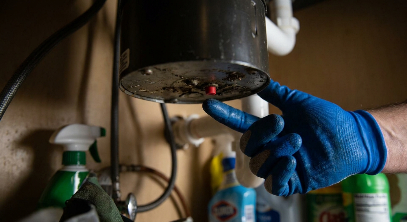A close-up photo under a kitchen sink showing the bottom of a garbage disposal with a visible red reset button and a hand reaching toward it