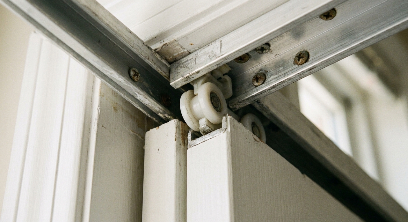 A close-up photograph of a bifold closet door top track with a white roller guide and metal track, showing the hardware and screws in natural indoor light