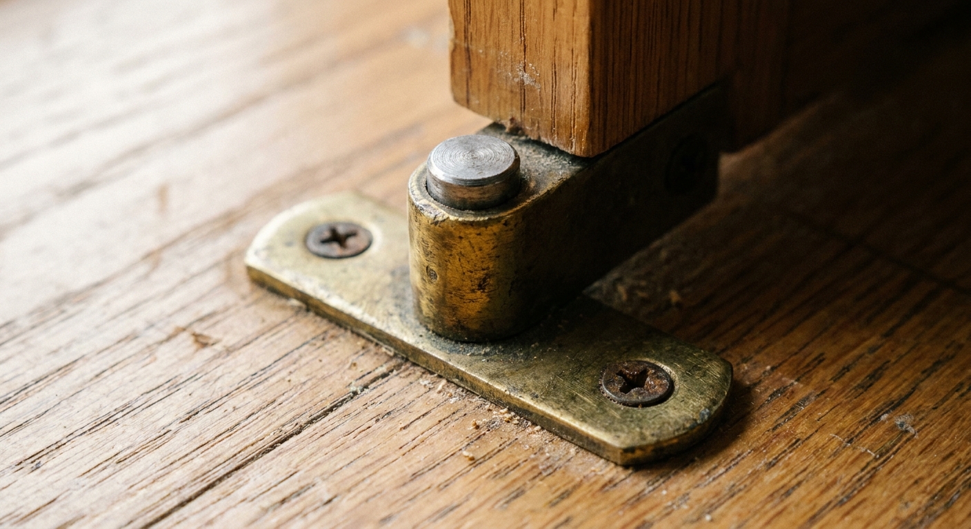 A close-up photograph of a bifold door bottom pivot bracket screwed into a hardwood floor with the pivot pin seated in place, shot in natural window light