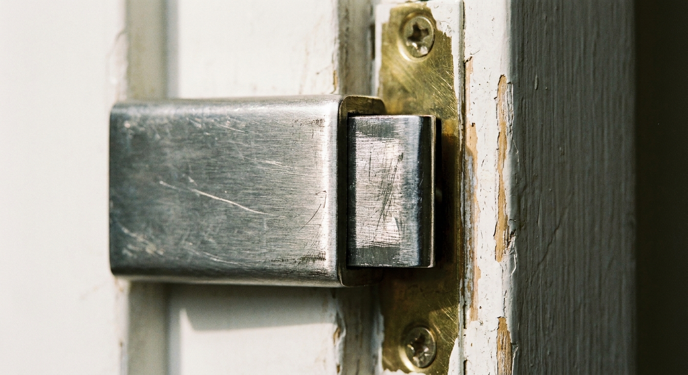 A close-up photograph of a brushed metal door latch aligned near a strike plate on a painted door frame, showing where the latch meets the plate