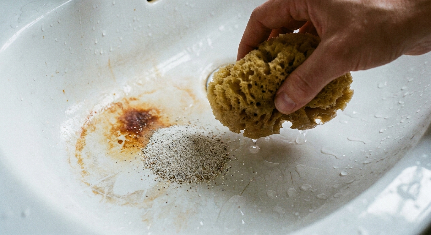 A close-up photograph of a damp white porcelain sink with a small amount of cleaning powder near a rust stain and a soft sponge held nearby