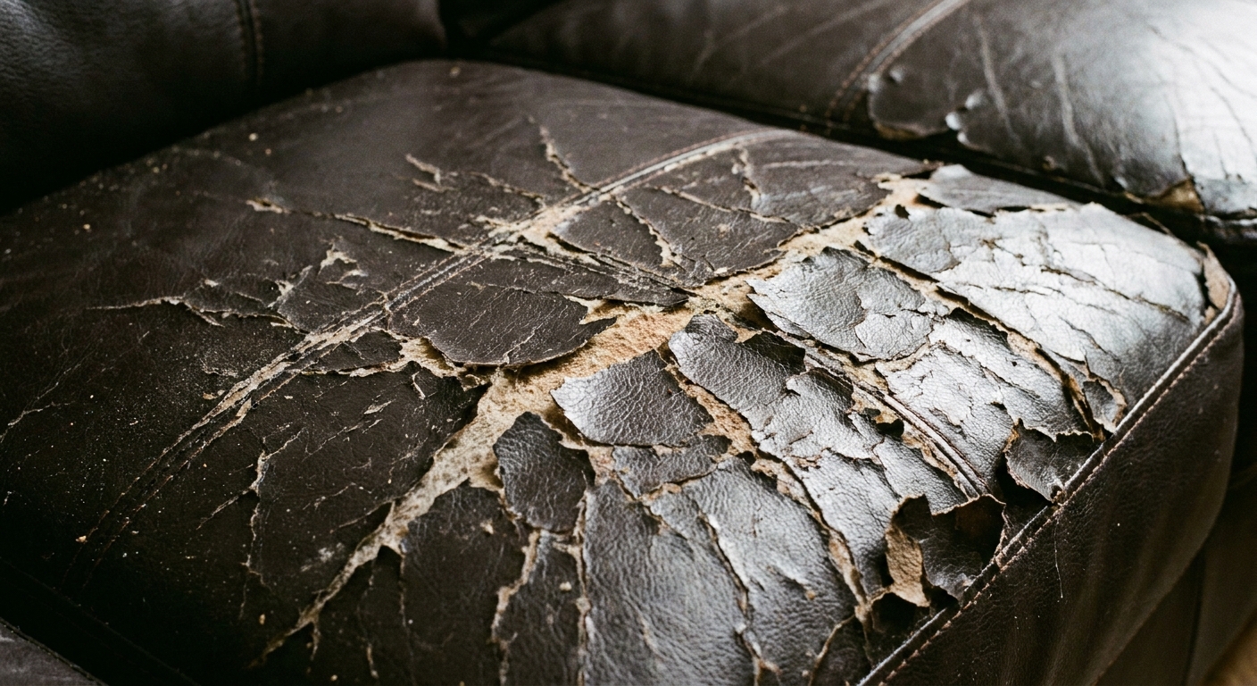 A close-up photograph of a dark bonded leather sofa cushion with peeling and flaking along a scratched area