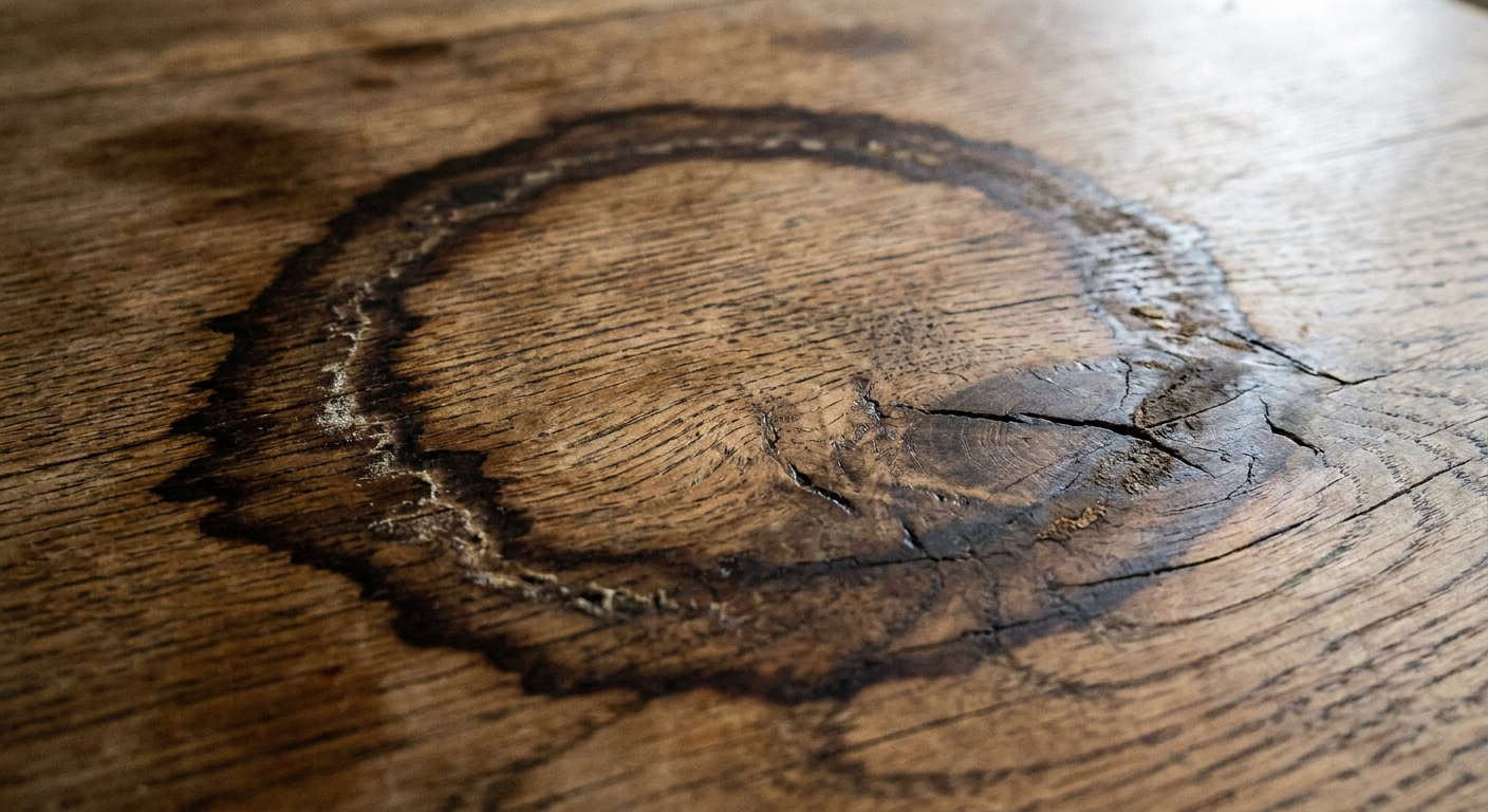 A close up photograph of a dark water stain on a wooden coffee table surface, showing the grain and the uneven brown-black discoloration