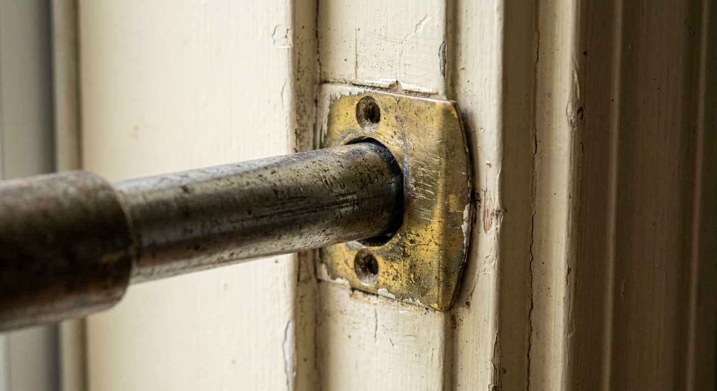A close-up photograph of a deadbolt extended toward a metal strike plate on a painted door frame, showing the alignment area where the bolt enters