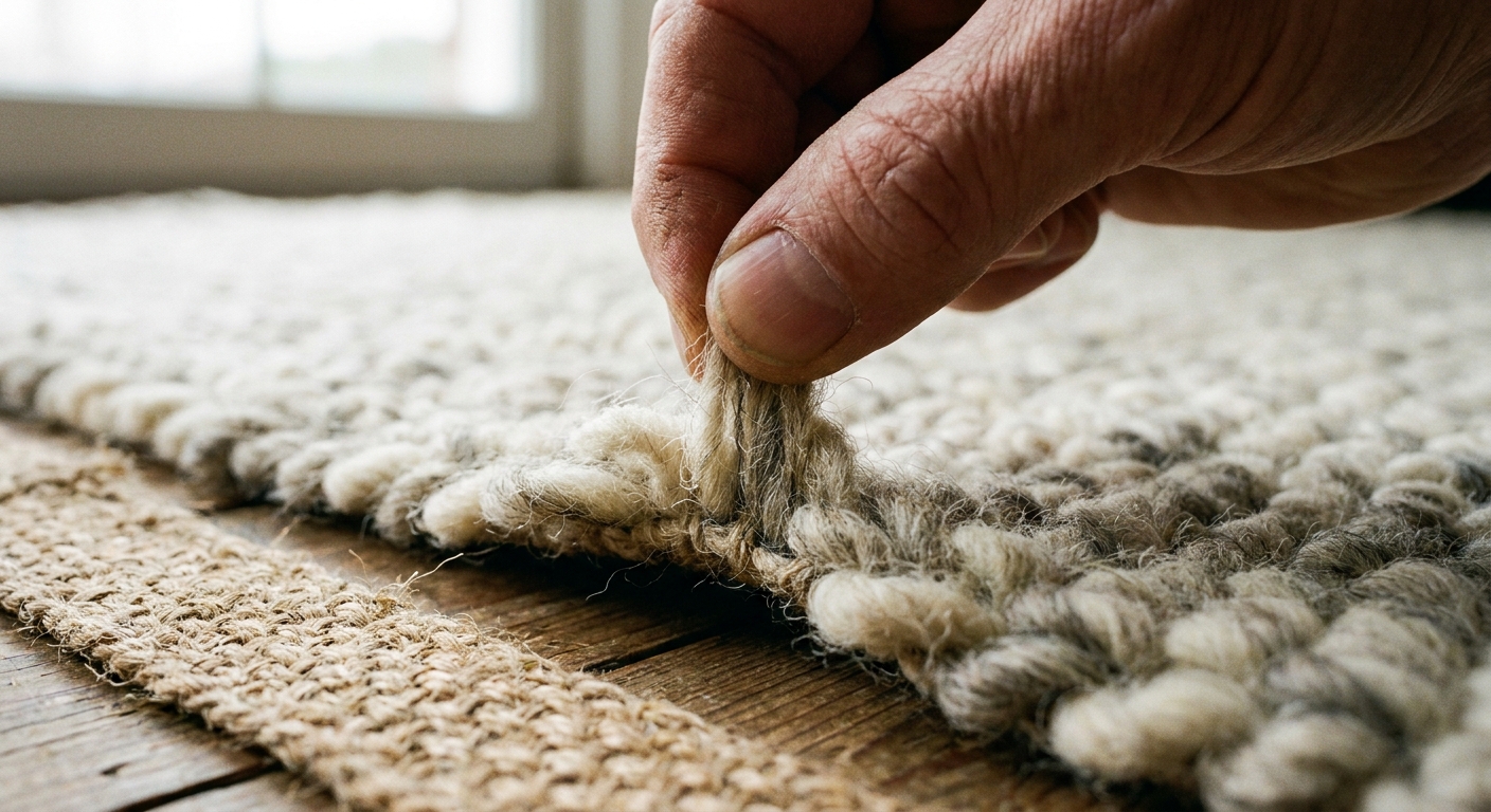 A close-up photograph of a hand pinching rug fibers to show texture, with distinct wool pile and a natural jute weave visible nearby on a floor